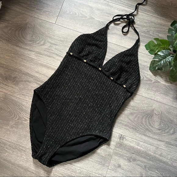 La Blanca by rod beattie woven metallic textured halter one piece. Size 12 - Picture 1 of 8